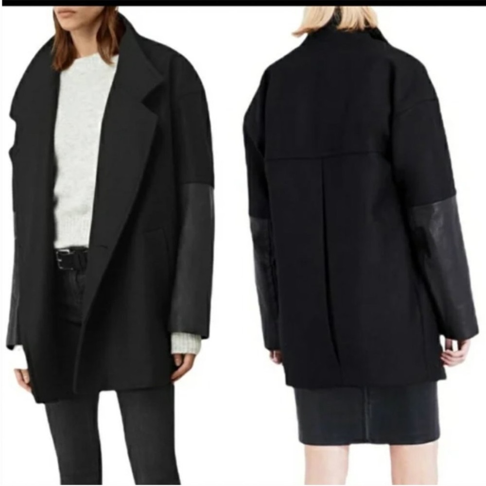 ALLSAINTS Meade Lea Coat, 80% wool, leather sleeves, size 4